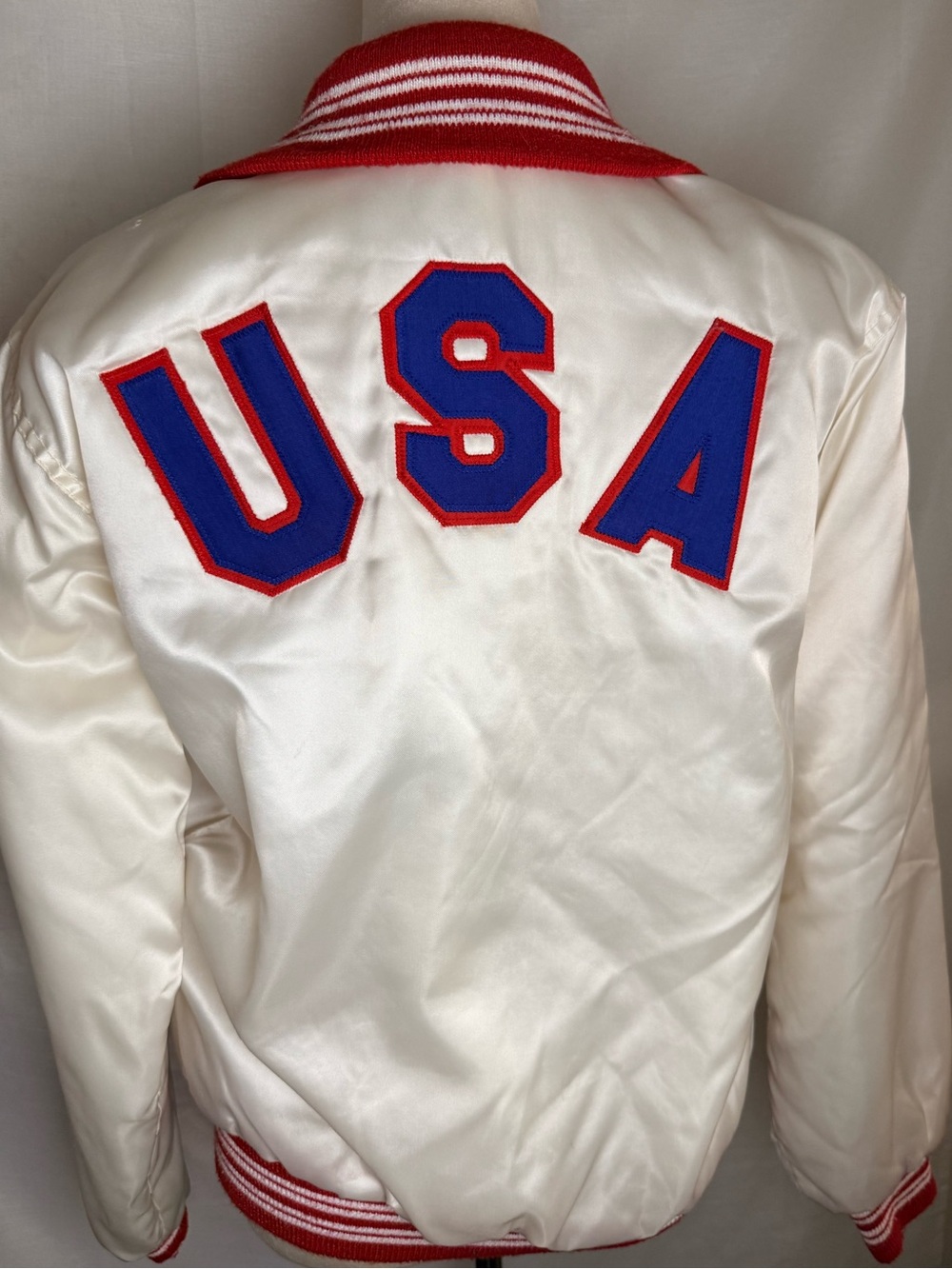 Vintage USA Satin Bomber Jacket West Wind XS Olympic Style Red White Blue 90s